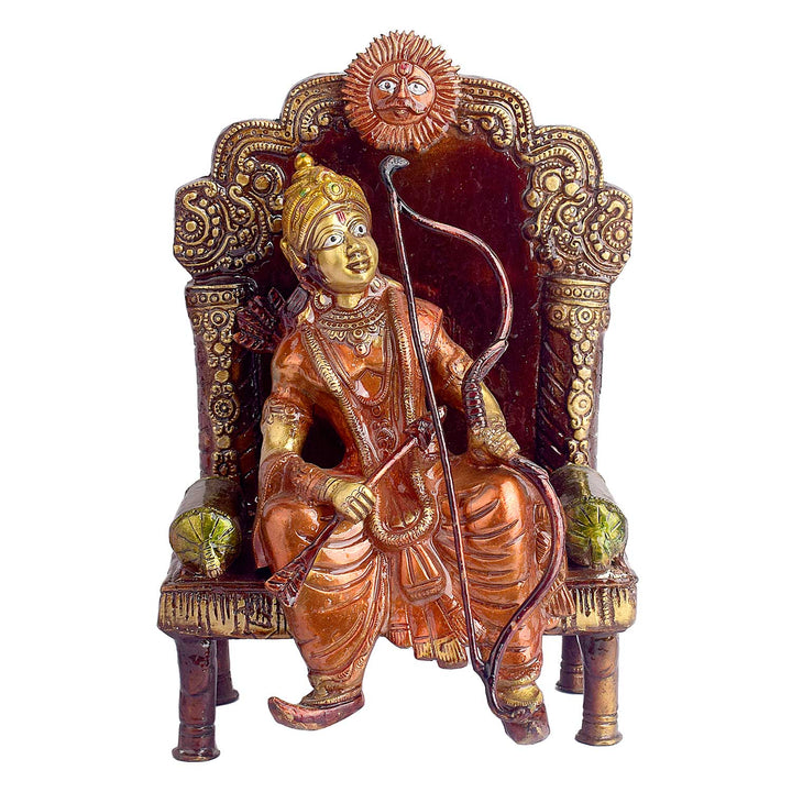 10.8 Inch Antique Brass Lord Ram On Throne (Singhasan) Idol Brass Statue featuring intricate detailing, perfect for spiritual home decor, temple worship, and devotional gifting. India’s Largest Brass Idols Brand - www.satvikworld.com