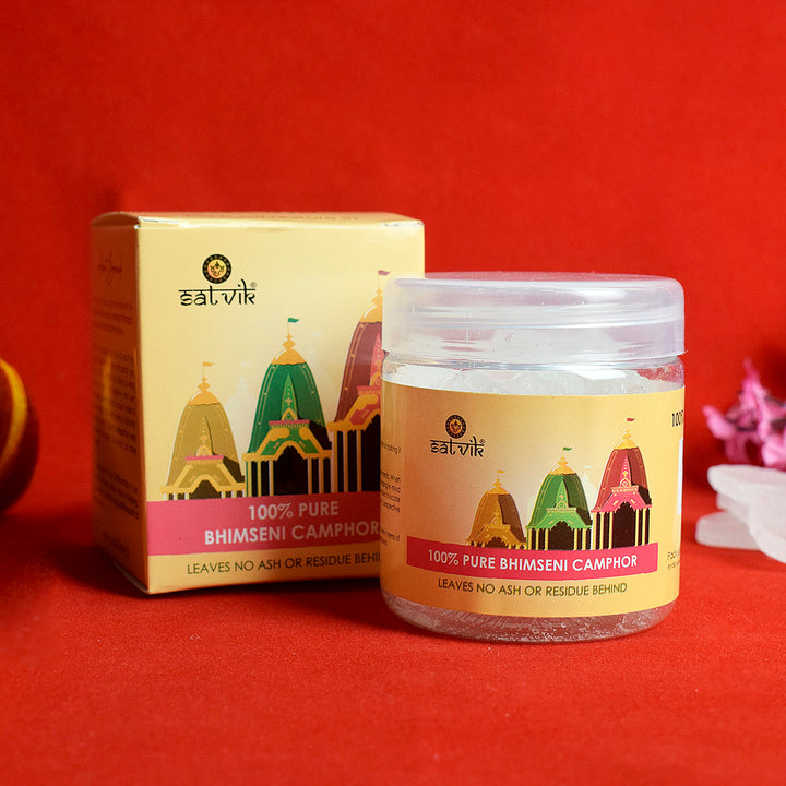 100% Pure and Premium Bhimseni Camphor (50 Grams) in a sealed container, ideal for sacred rituals and spiritual purification. India’s Largest Pooja Accessories Brand – www.satvikworld.com