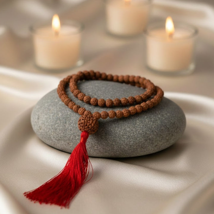 108 beads 8mm Pathariya Rudraksha mala with natural brown textured beads and a 5 Mukhi Sumeru bead at the center, traditional Hindu prayer necklace for meditation, chanting, and spiritual wear.India’s Premium Rudraksha Jap Mala Store- www.satvikworld.com