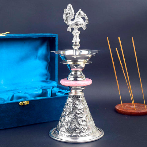 Handcrafted 11.5 Inch One Step Peacock Silver Kerala Diya for Pooja and Temple Decor. India’s Largest Pooja Accessories Brand - www.satvikworldcom