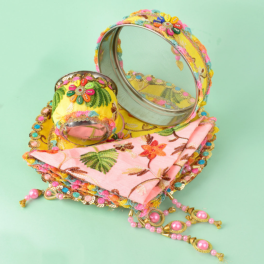 11 Pc Elegant Yellow & Baby Pink Embroidery Karwa Chauth Thali Set with Sieve, Kalash, Cover, and Full Pooja Kit. India’s Largest Pooja Accessories Brand - www.satvikworld.com