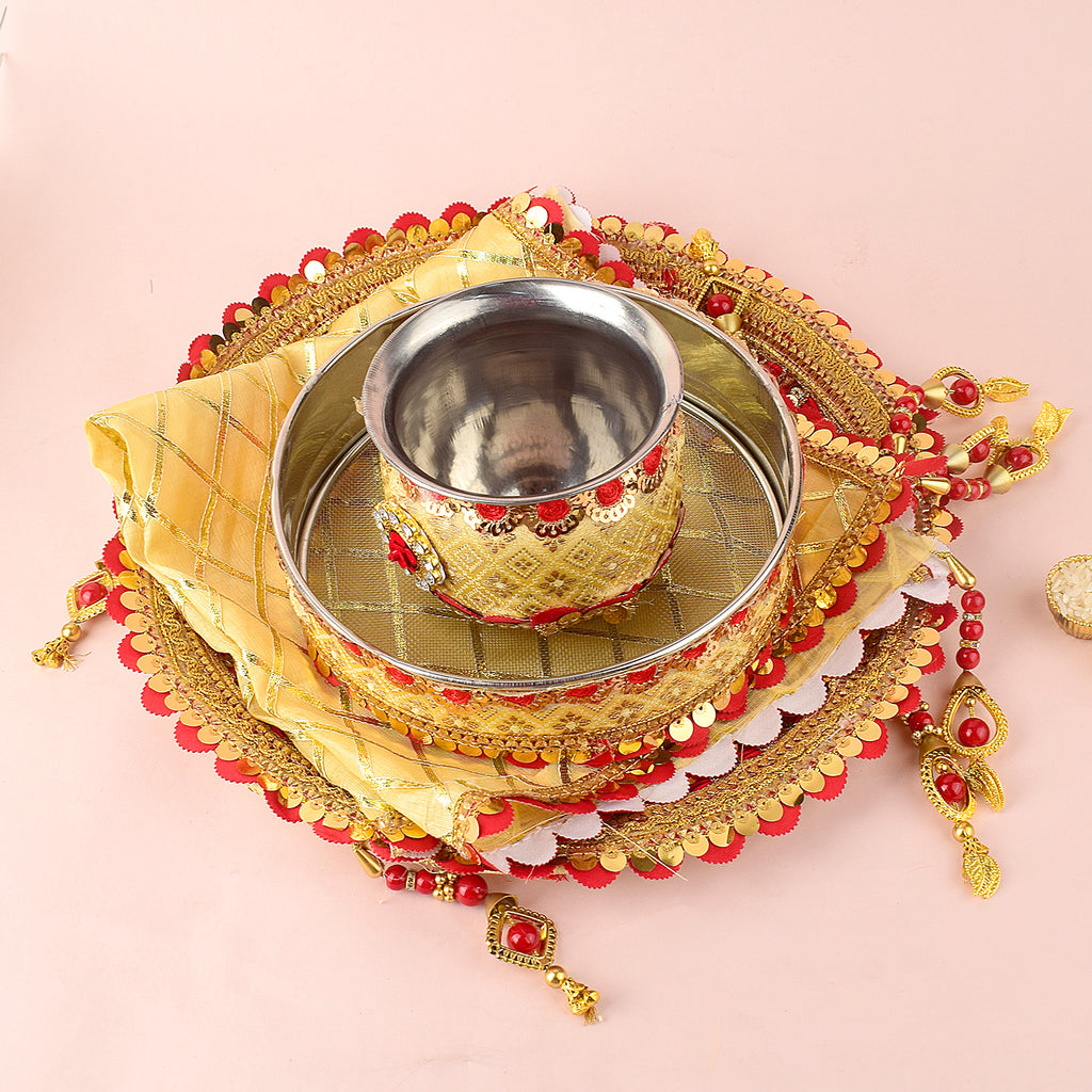 11 Pc Golden and Red Embroidery Karwa Chauth Thali Set with Channi, Kalash, Thali Cover and Complete Puja Accessories. India’s Largest Pooja Accessories Brand - www.satvikworld.com