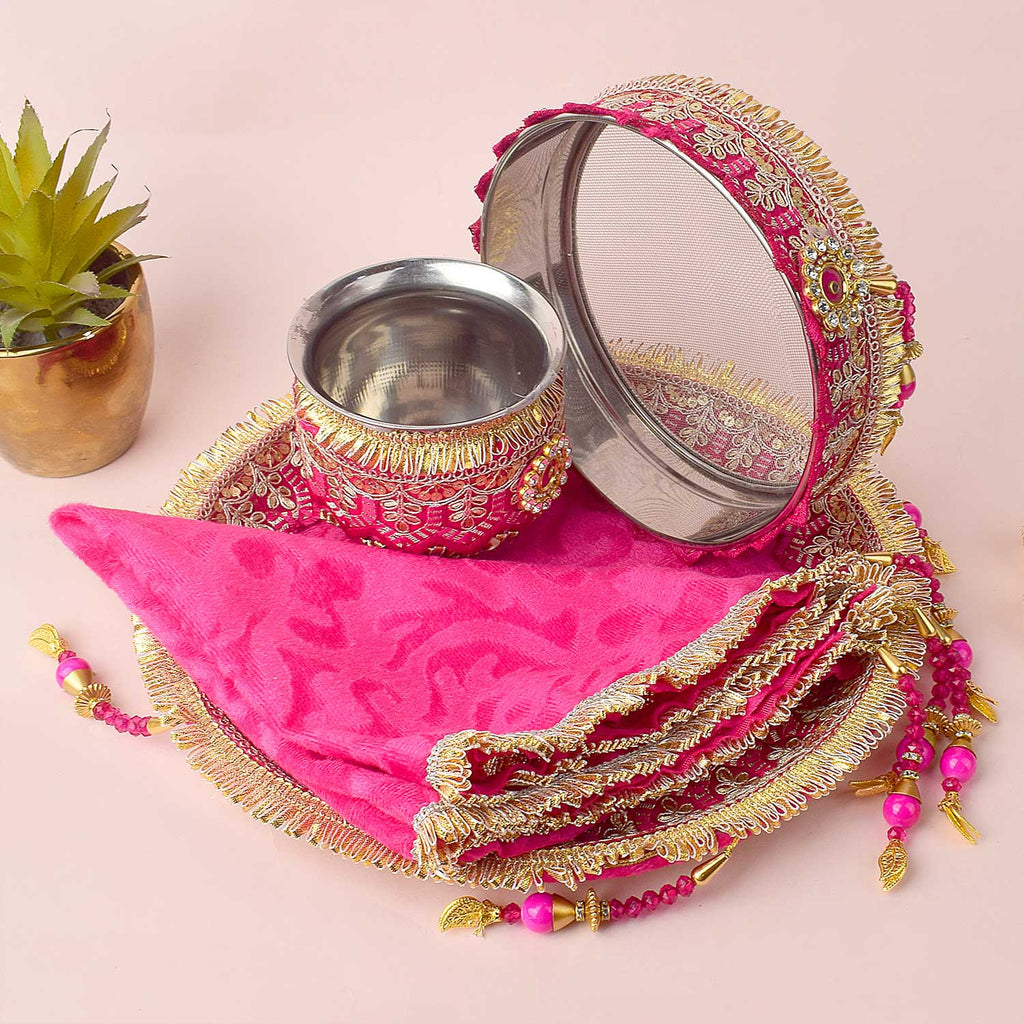 11 Pc Pink Embroidery Karwa Chauth Thali Set with Channi Lota Cover and Puja Accessories. India’s Largest Brass Idols Brand - www.satvikworld.com