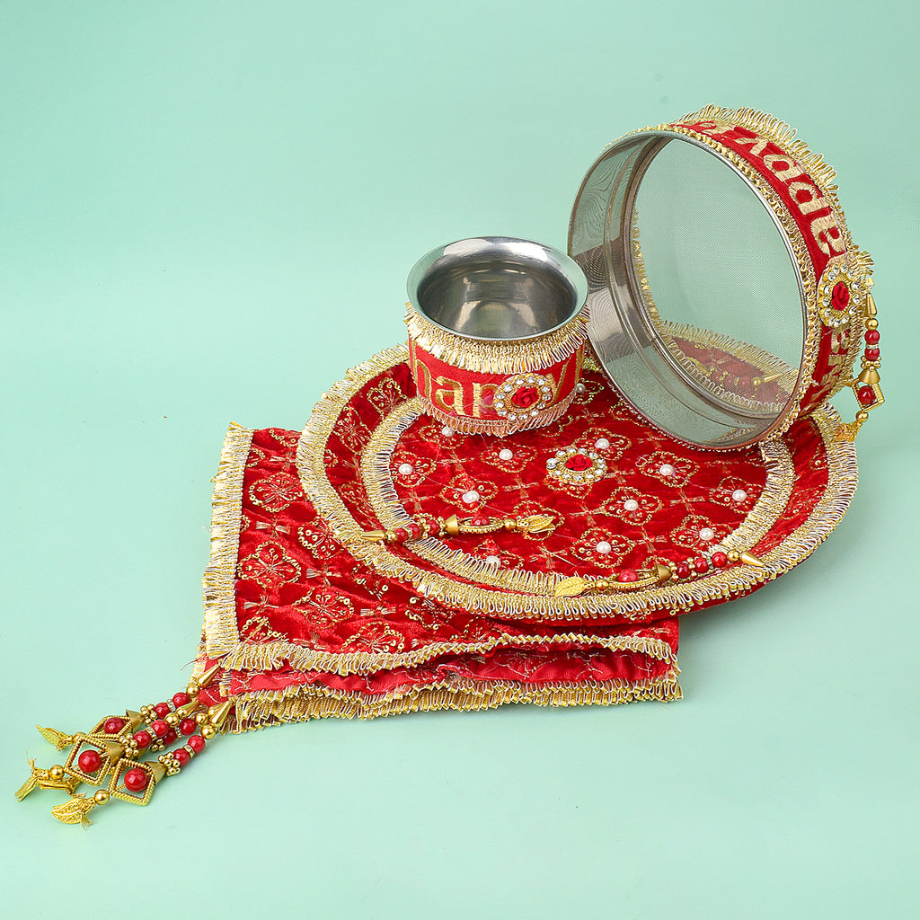 11 Pc Red Embroidery Karwa Chauth Thali Set with Cover, Channi, Kalash, and Full Puja Kit. India’s Largest Pooja Accessories Brand - www.satvikworld.com