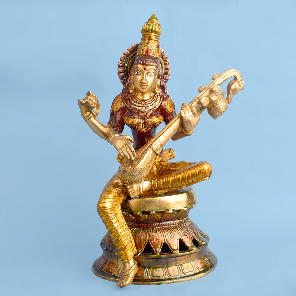 12_Inch_Saraswati_Mata_Brass_Idol_Goddess_Saraswati featuring intricate detailing, perfect for spiritual home decor, temple worship, and devotional gifting. India’s Largest Brass Idols Brand - www.satvikworld.com