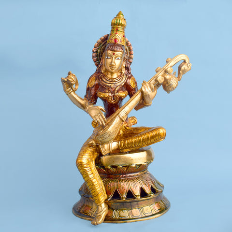 12_Inch_Saraswati_Mata_Brass_Idol_Goddess_Saraswati featuring intricate detailing, perfect for spiritual home decor, temple worship, and devotional gifting. India’s Largest Brass Idols Brand - www.satvikworld.com
