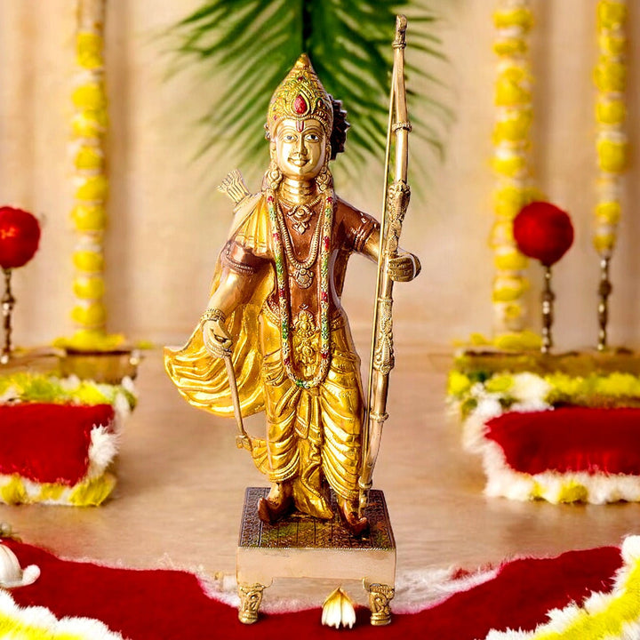 17.1 Inch Exquisite Brass Ram Statue with Vibrant Bow Design – A beautifully crafted brass statue of Lord Ram, showcasing his strength and grace with a vibrant bow design. Ideal for spiritual and home décor. India’s Largest Pooja Accessories Brand – www.satvikworld.com