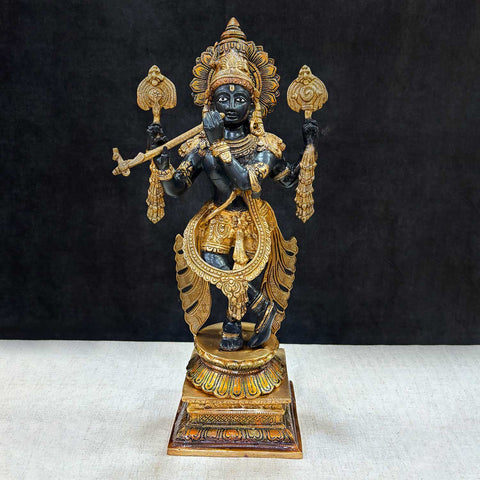 19 Inch Brass Chola Krishna Sculpture Playing the Flute – A beautiful and detailed idol capturing the divine essence of Lord Krishna playing his flute, a symbol of joy, devotion, and spiritual harmony for your home temple. India’s Largest Pooja Accessories Brand – www.satvikworld.com