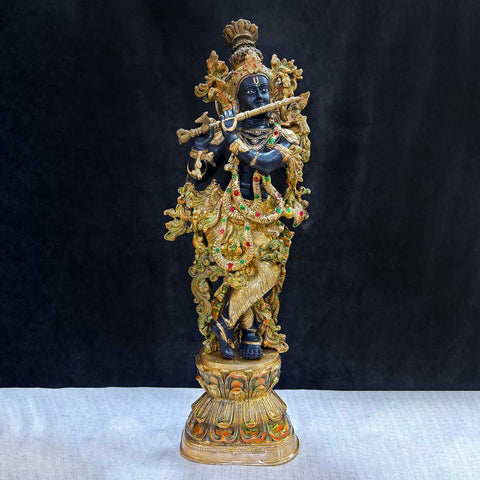 28 Inch Brass Krishna Sculpture with Artistic Detailing