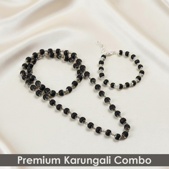 Valentine gift for couples featuring a certified Karungali mala and matching bracelet with silver capping, symbolizing love, protection, and spiritual bonding. India’s Premium Jap Mala Store - www.satvikworld.com