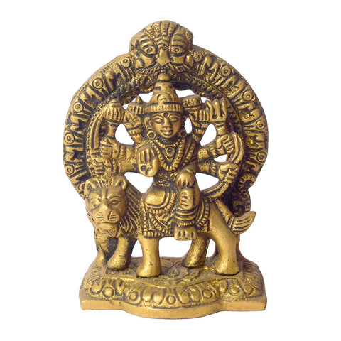 3-inch brass Durga idol showcasing the goddess seated on a lion with multiple arms holding divine weapons, intricately detailed with a traditional finish—perfect for car dashboards, puja rooms, or spiritual spaces. India’s Largest Pooja Accessories Brand- www.satvikworld.com