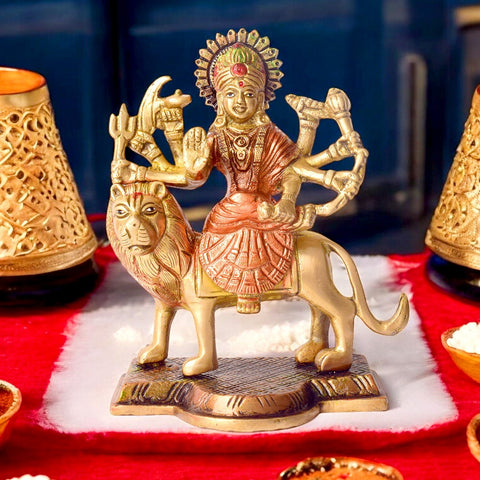 3.4 Inch Majestic Brass Sherawali Mata Idol – Finely Detailed Durga Statue for Puja Room, Home Temple, and Festive Decor. No.1 Brass Idol Store www.satvikworld.com
