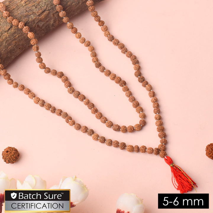 5-6mm Rudraksha Mala with fine hand-knotted beads for daily Jaap, meditation, and spiritual chanting. India’s Premium Jap Mala Store - www.satvikworld.com
