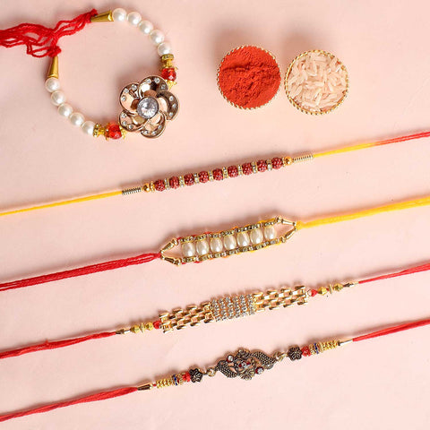 Set of 5 Designer Rakhi Threads with Roli Chawal and Ram Sita Stickers for Raksha Bandhan Celebration. India’s Largest Pooja Accessories Brand - www.satvikworld.com