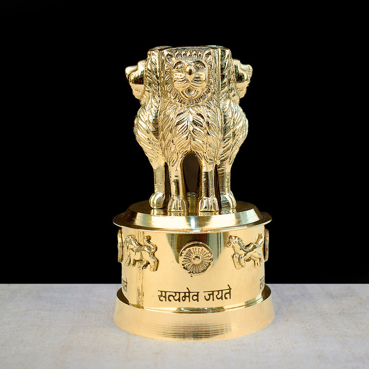 5 Inch Brass Ashoka Pillar Showpiece (National Emblem Decor) Showpiece with Intricate Detailing – Ideal for Home & Office Décor, Cultural Gifting, and Traditional Displays | India’s Largest Brass Idols Brand – www.satvikworld.com.