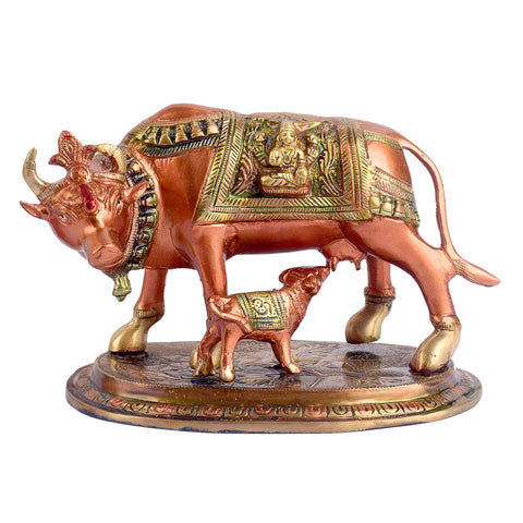 6.7 inch antique brass Kamdhenu cow with calf idol, symbolizing prosperity, wealth, and divine blessings. India’s Largest Brass Idols Brand - www.satvikworld.com

