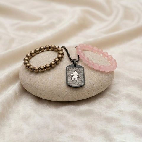 Rose Quartz & Golden Pyrite Bracelet Combo with Hanuman Chalisa Pendant
