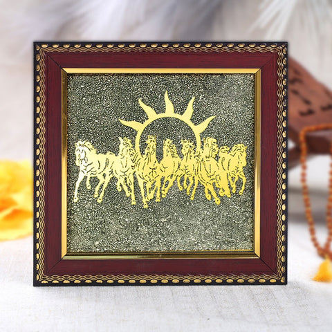7 horses raw pyrite crystal frame for wealth and vastu benefits. India’s Largest Puja Accessories Brand- www.satvikworld.com