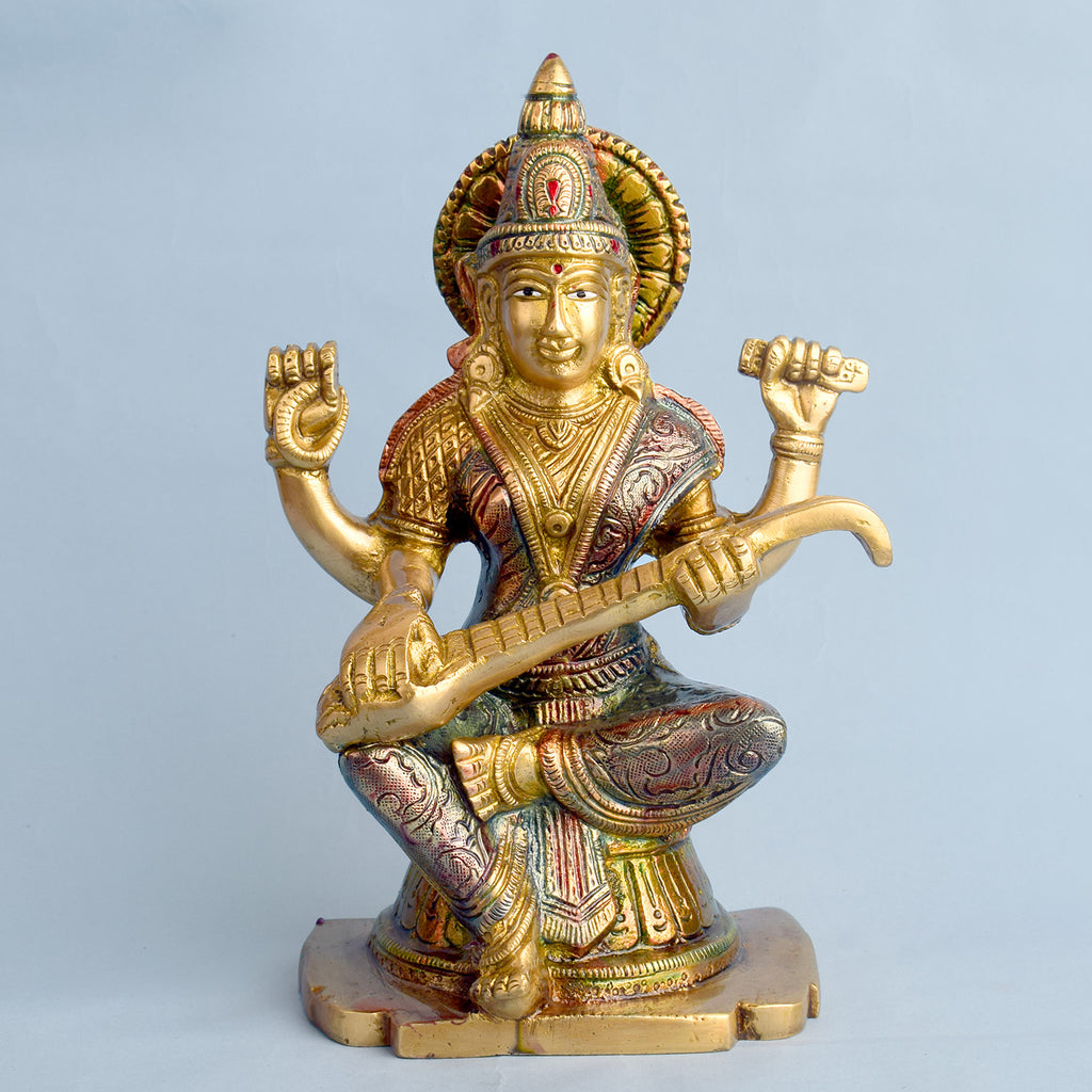8.7 Inch Divine Brass Saraswati Maa Idol | Goddess Statue Brass Statue featuring intricate detailing, perfect for spiritual home decor, temple worship, and devotional gifting. India’s Largest Brass Idols Brand - www.satvikworld.com
