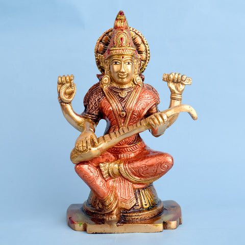 8.7 Inch Goddess Saraswati Mata Idol Brass Statue featuring intricate detailing, perfect for spiritual home decor, temple worship, and devotional gifting. India’s Largest Brass Idols Brand - www.satvikworld.com
