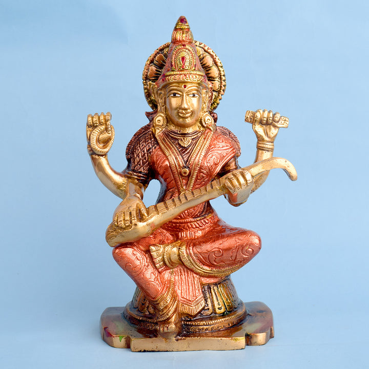 8.7 Inch Goddess Saraswati Mata Idol Brass Statue featuring intricate detailing, perfect for spiritual home decor, temple worship, and devotional gifting. India’s Largest Brass Idols Brand - www.satvikworld.com