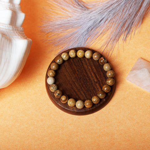 8mm Picture Jasper bracelet designed for grounding, emotional stability, and deep inner peace. India’s Largest Pooja Accessories Brand – www.satvikworld.com
