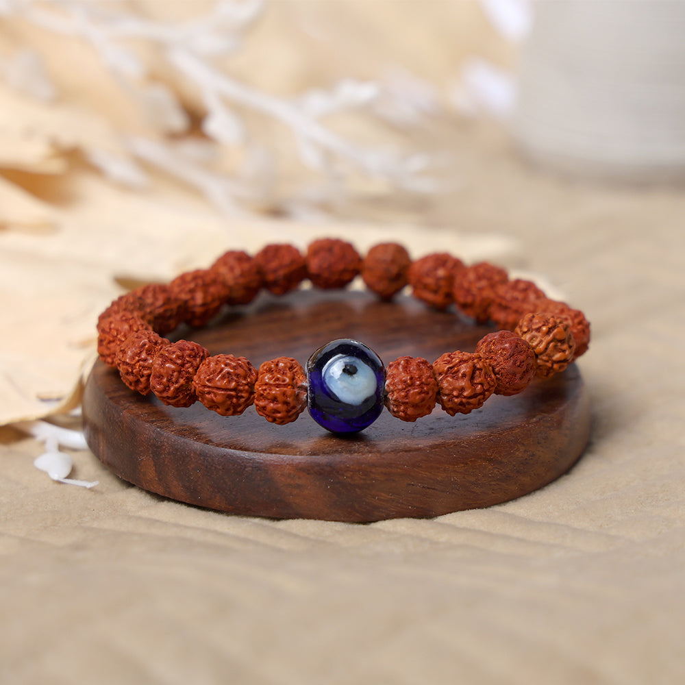 8mm Rudraksha bracelet with evil eye bead for protection and positive energy. India’s Largest Pooja Accessories Brand – www.satvikworld.com