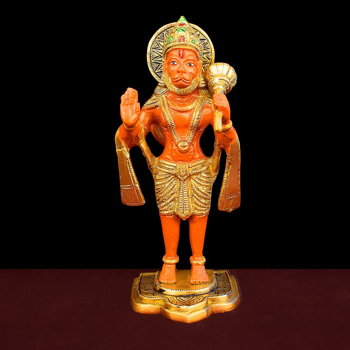 9 Inch Kesari Hanuman Standing Brass Idol with fine detailing, symbolizing strength, devotion, and protection – perfect for pooja room, home temple, or as a spiritual gift. No.1 Brass Idol Store www.satvikworld.com