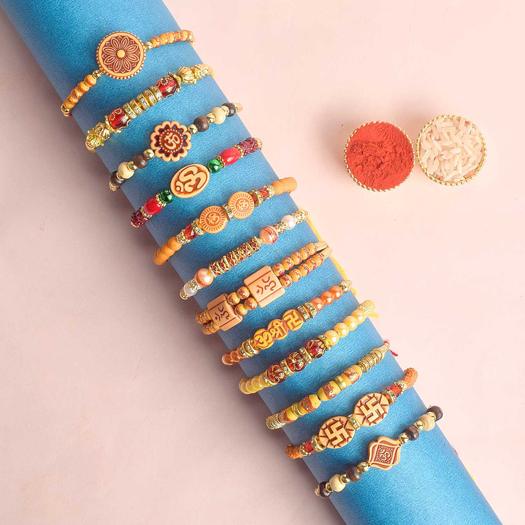 Assortment of 12 Rakhis, featuring different designs, threads, and embellishments for Raksha Bandhan. India’s Largest Pooja Accessories Brand - www.satvikworld.com