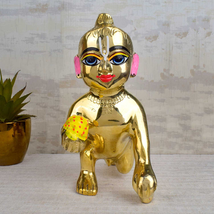 Brass Bal Gopal Idol (Size 10) depicting Laddu Gopal in a playful pose for home temple worship. India’s Largest Pooja Accessories Brand - www.satvikworld.com