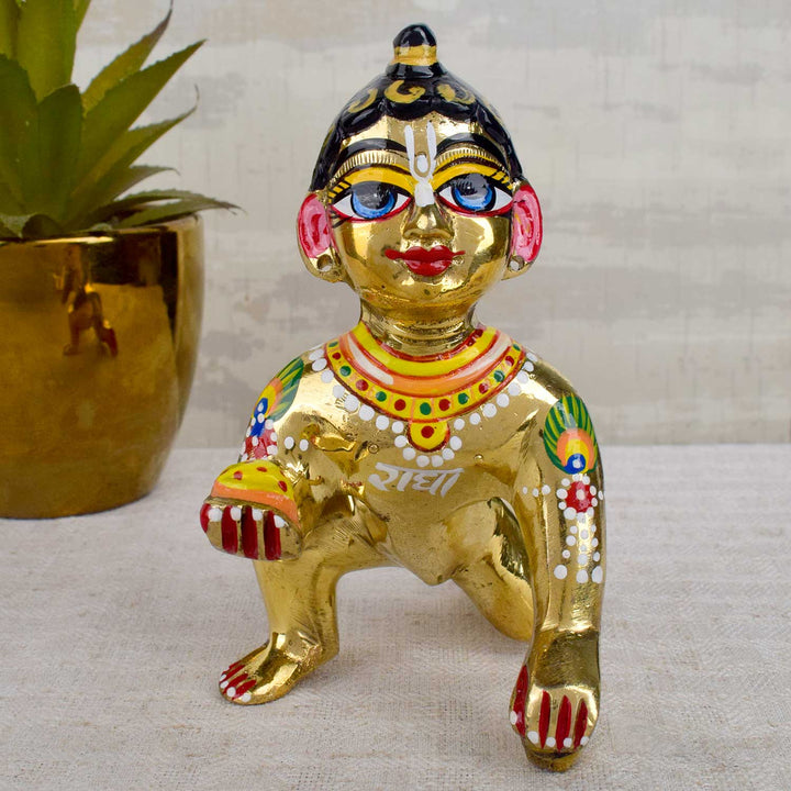 Brass Bal Gopal Idol (Size 6) depicting Laddu Gopal in a playful pose for home temple worship. India’s Largest Pooja Accessories Brand - www.satvikworld.com