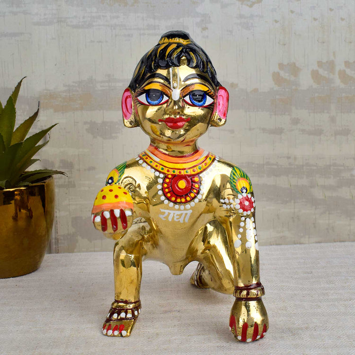 Brass Bal Gopal Idol (Size 10) depicting Laddu Gopal in a playful pose for home temple worship. India’s Largest Pooja Accessories Brand - www.satvikworld.com