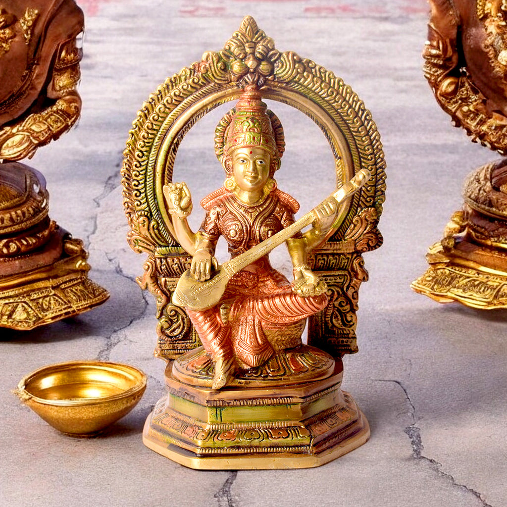 Brass Goddess Saraswati Statue handcrafted with fine detailing, showcasing the divine form of Maa Saraswati seated with a Veena, symbolizing knowledge, music, wisdom, and learning. Ideal for home temple décor, spiritual spaces, gifting, and festive celebrations like Vasant Panchami. Enhance your spiritual ambiance with this premium quality brass idol. India’s Largest Pooja Accessories Brand – www.satvikworld.com