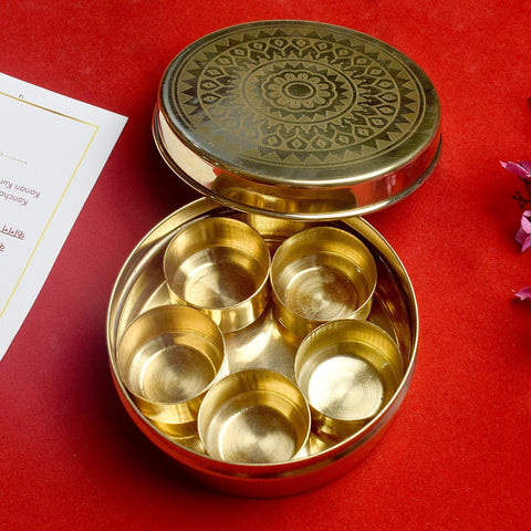 Brass Pooja Samagridaan set with 5 containers, designed for organizing pooja essentials, perfect for traditional rituals and ceremonies. India’s Largest Pooja Accessories Brand – www.satvikworld.com
