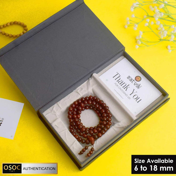 Certified 100% original authentic red sandalwood (Chandan) jap mala from Andhra Pradesh, handcrafted for meditation, prayer, and spiritual use.India’s Premium Jap Mala Store - www.satvikworld.com