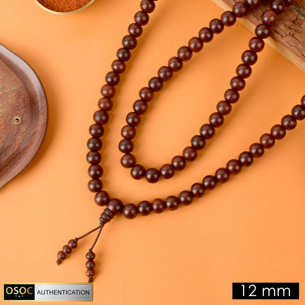 Certified 12mm Original Pure Red Sandalwood Jap Mala from Andhra Pradesh with elastic thread for comfortable daily japa and meditation.India’s Premium Jap Mala Store - www.satvikworld.com