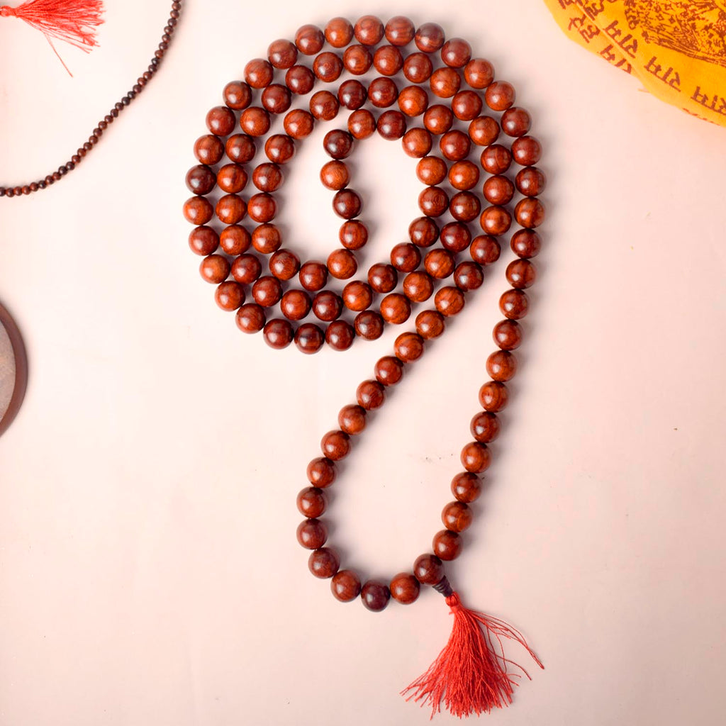 Certified 16mm 100% Original Pure Red Sandalwood Jap Mala from Andhra Pradesh, crafted for deep meditation, mantra chanting, and enhancing spiritual strength. India’s Largest Pooja Accessories Brand - www.satvikworld.com