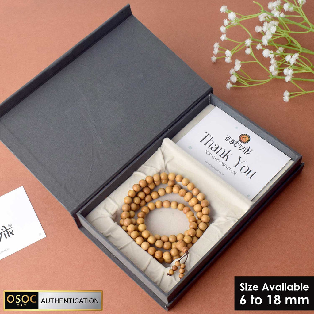 Certified Authentic Mysore White Sandalwood Jap Mala for Japa and Meditation. India’s Premium Jap Mala Store - www.satvikworld.com