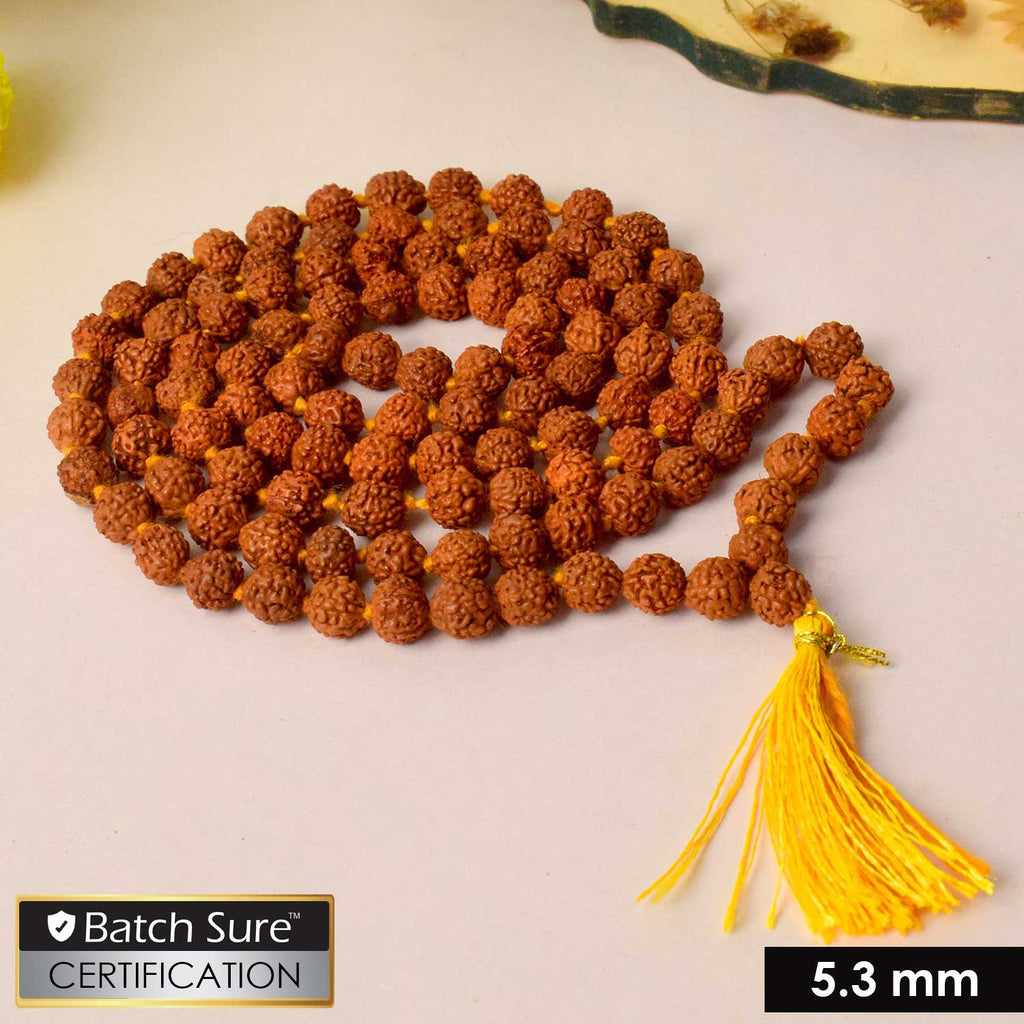 Certified Rudraksha mala made from brown Elaeocarpus ganitrus beads, ideal for spiritual practices and meditation. India’s Premium Rudraksha Jap Mala Store- www.satvikworld.com
