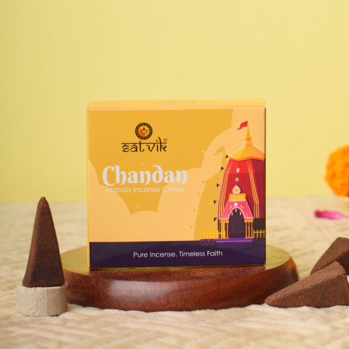 Chandan Pure Masala Incense Cones – Natural Sandalwood Dhoop Cones for Pooja and Meditation. India’s Largest Pooja Accessories Brand - www.satvikworld.com