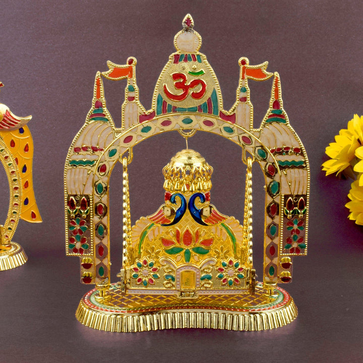Charming Laddu Gopal Jhula in Temple Style – beautifully designed swing for Bal Gopal with temple-like structure, perfect for Janmashtami and traditional pooja rituals. India’s Largest Pooja Accessories Brand – www.satvikworld.com