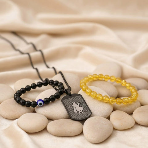 Citrine Bracelet, Black Obsidian Evil Eye Bracelet and Hare Krishna Hare Rama micro-carved pendant combo displayed in a spiritual lifestyle setting, symbolizing protection, positivity and divine energy. India’s Largest Puja Accessories Brand- www.satvikworld.com