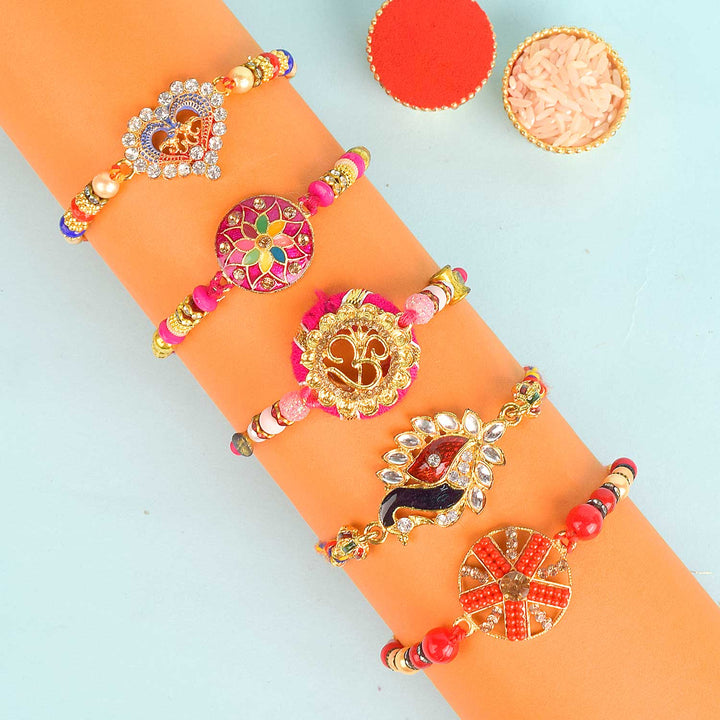 Set of 5 Designer Rakhi Threads with Roli Chawal and Ram Sita Stickers for Raksha Bandhan Celebration. India’s Largest Pooja Accessories Brand - www.satvikworld.com
