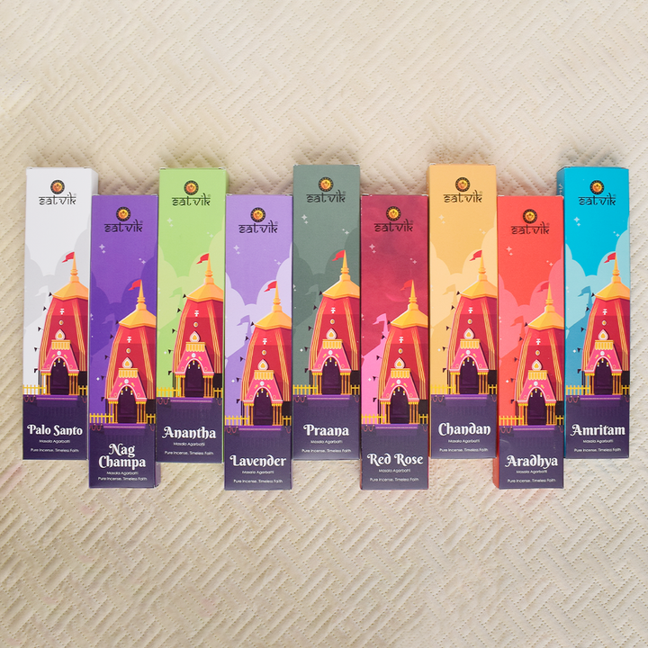 Combo Incense Sticks Set of 9 packs with assorted natural fragrances for pooja, meditation, and relaxation. India’s Largest Pooja Accessories Brand - www.satvikworld.com