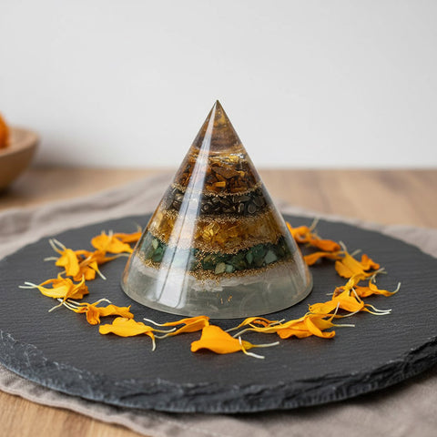 Conical Dhan Yog Pyramid with selenite base healing stone for wealth and prosperity. India’s Largest Puja Accessories Brand- www.satvikworld.com