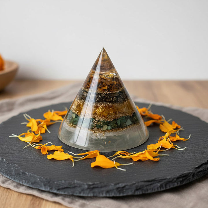 Conical Dhan Yog Pyramid with selenite base healing stone for wealth and prosperity. India’s Largest Puja Accessories Brand- www.satvikworld.com