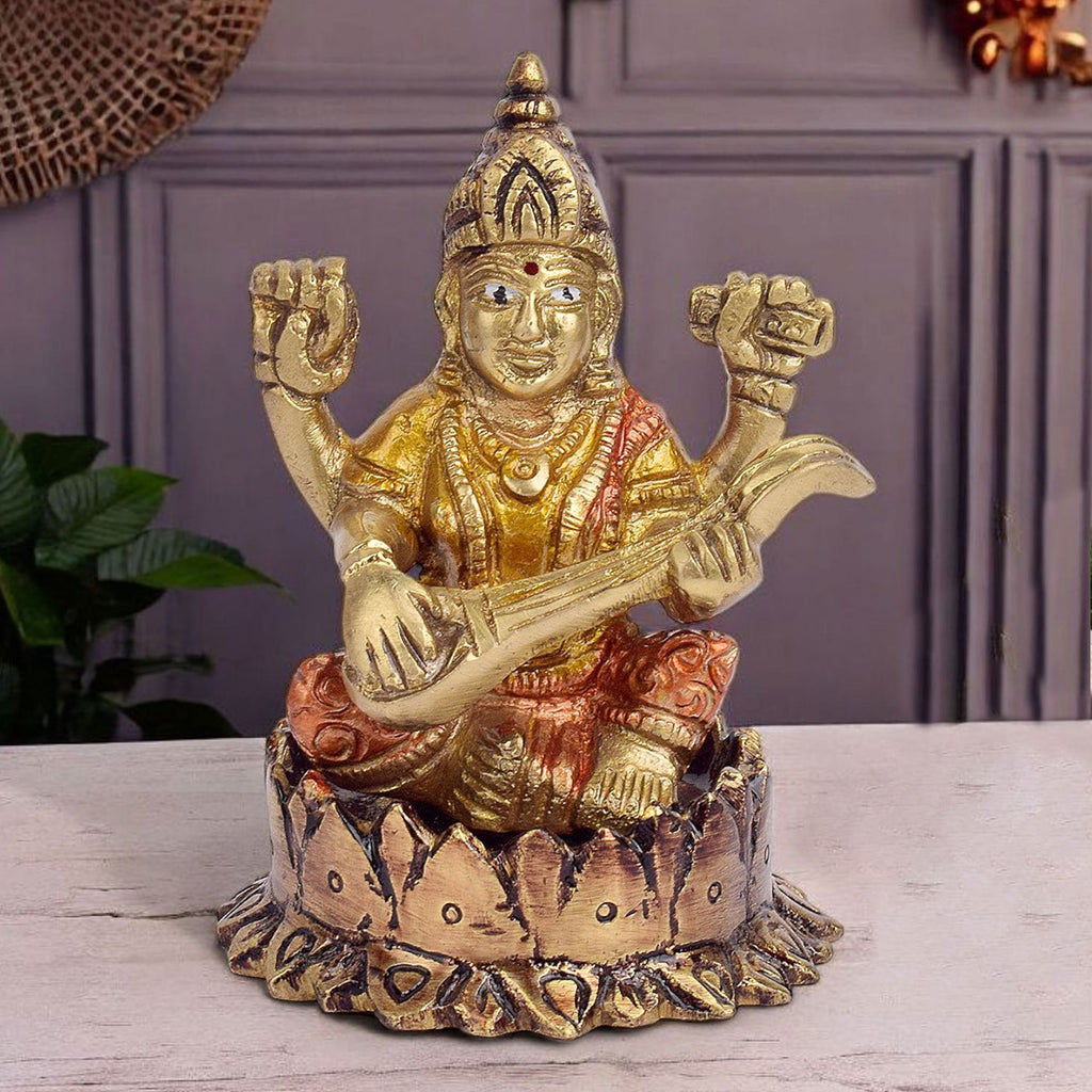 3.7-inch brass Saraswati idol, beautifully crafted for home temple, study table, puja rituals, or gifting, symbolizing wisdom, knowledge, and the arts. India’s Largest Pooja Accessories Brand – www.satvikworld.com
