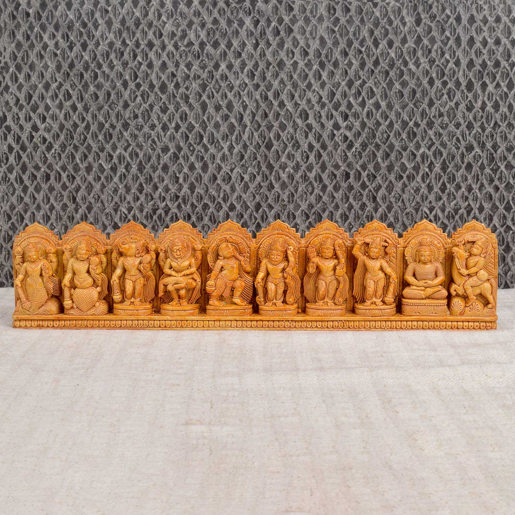 Handcrafted wooden wall décor of Lord Vishnu’s 10 avatars – Dasavatharam – with detailed carving, perfect for pooja rooms, home temples, or spiritual wall displays. India’s Largest Pooja Accessories Brand - www.satvikworld.com