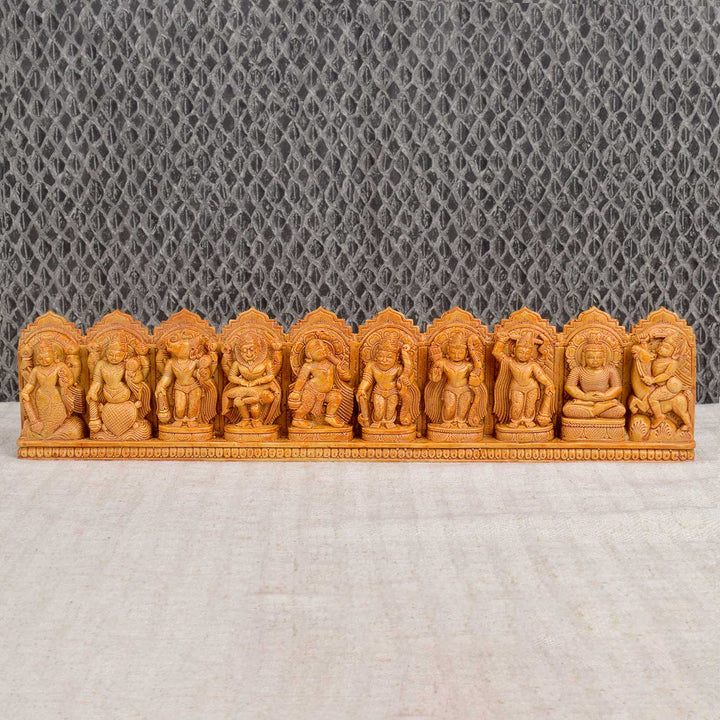 Handcrafted wooden wall décor of Lord Vishnu’s 10 avatars – Dasavatharam – with detailed carving, perfect for pooja rooms, home temples, or spiritual wall displays. India’s Largest Pooja Accessories Brand - www.satvikworld.com