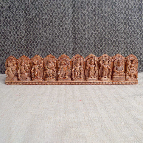 Handcrafted wooden Dasavatharam wall decor featuring the ten avatars of Lord Vishnu, intricately carved and painted, ideal for spiritual and aesthetic home decoration. India’s Largest Pooja Accessories Brand - www.satvikworld.com
